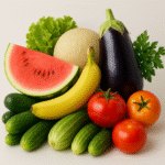 Fresh fruits and vegetables including watermelon, melon, eggplant, lettuce, cucumbers, tomatoes, and parsley.