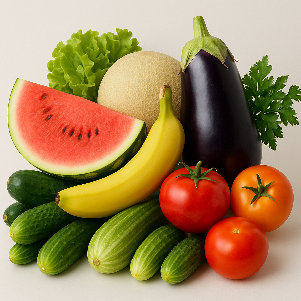 Fresh fruits and vegetables including watermelon, melon, eggplant, lettuce, cucumbers, tomatoes, and parsley.