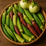 A basket filled with green and red okra and two white eggplants.
