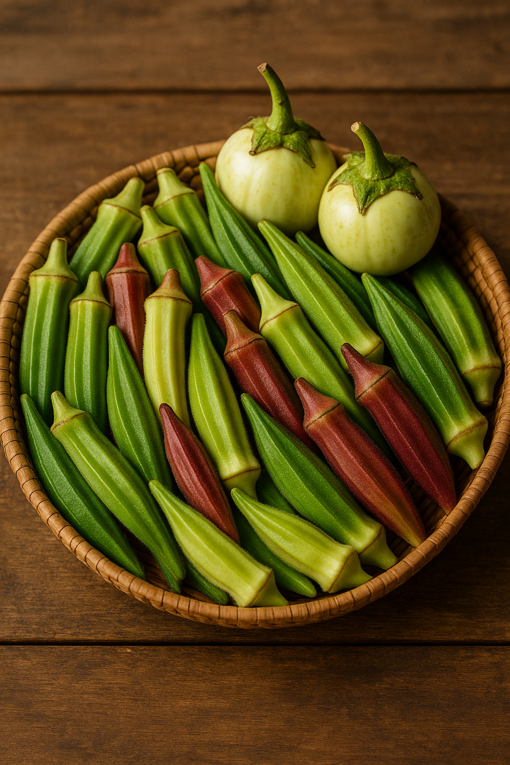 A basket filled with green and red okra and two white eggplants.